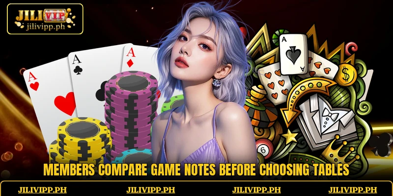Members compare game notes before choosing tables