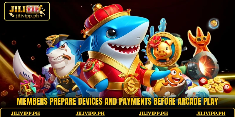 Members prepare devices and payments before arcade play