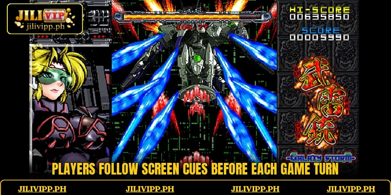 Players follow screen cues before each game turn